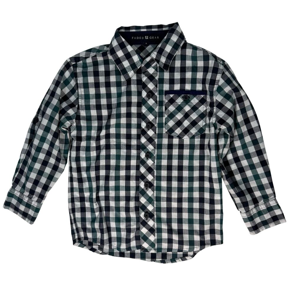 Faded Gear Boys 4 Button Down Shirt Blue Green Plaid Long Sleeve Roll Tab